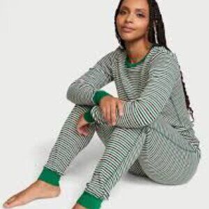 Victoria's Secret Thermal Long Pajama Set Green Striped Size M
